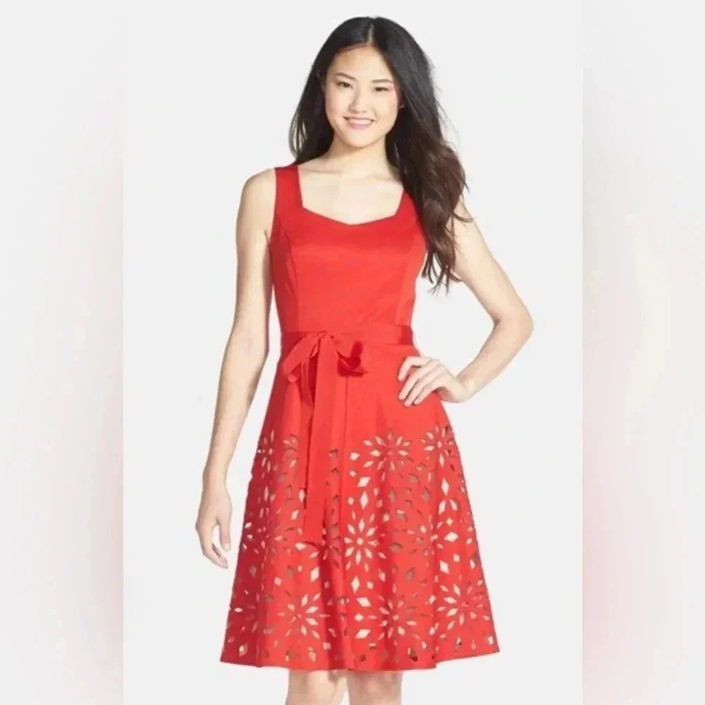 Nue by Shani Laser Cut Bengaline Floral Red Fit Flare Knee Length Dress Women 14